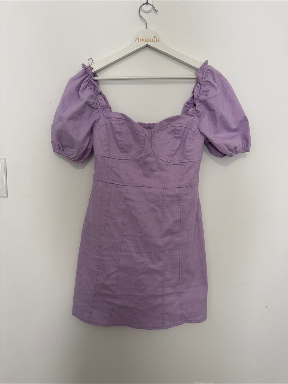 Astr Lavender Puff-Sleeve Sweetheart Mini Dress
